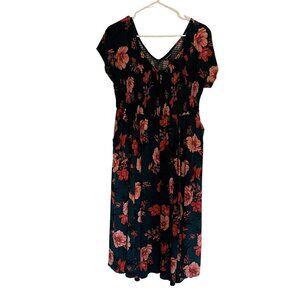 Torrid green and coral orange floral v-neck summer ruched sundress pockets dress